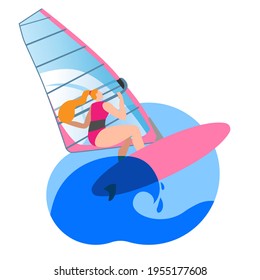 Girl ride a Board with a sail. Vector icon or sticker in a flat style on the theme of surfing.