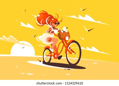 Girl ride on bicycle with cat in basket. Vector illustration