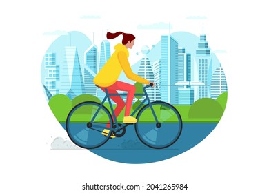 Girl ride on bike in city public park. Urban outdoor eco-friendly transport concept. Young person sharing bicycle. Active weekend life recreation on street. Woman vehicles riding vector illustration