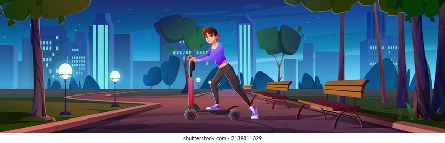 Girl ride on electric scooter in city park at night. Vector cartoon illustration of summer landscape with public garden with trees, street lights, benches and woman driving on electrical kick scooter