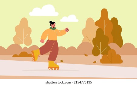 Girl ride on roller skates in autumn park. Vector flat illustration of fall landscape with orange trees, road and young woman on rollerskates. Concept of healthy lifestyle, outdoor sport activity