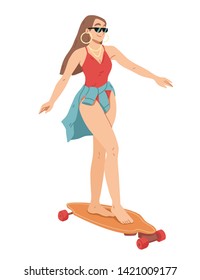 Girl ride on skateboard Summer leisure activity Vector