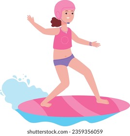 Girl ride surfing board on water. Happy kid character isolated on white background