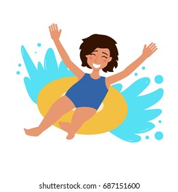 Girl ride the water slide. Isolated art on white background. Vector. Cartoon. Flat