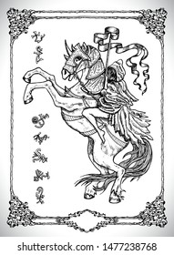 Girl rider in cloak sitting on horse. Vector line art engraved illustration in gothic style. No foreign language, all symbols are fantasy. Occult, esoteric, Halloween and mystic concept