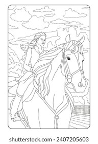 Girl rider and horse. Black and white coloring page for children and adults.