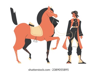 A girl rider leads a horse by the reins. Activities on the farm. Stylish vector illustration.