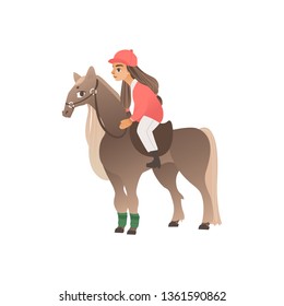 Girl rider in pink form on horseback. Riding and equestrian sport for children and teenagers, hobbies with animals. Isolated vector illustration in flat cartoon style.