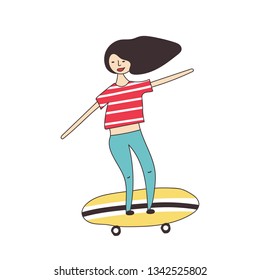 Girl rides around the city on a skateboard. Vector illustration