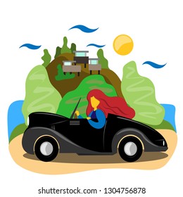 The girl rides a beautiful car along a beautiful promenade. Illustration in flat style