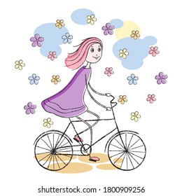 The girl rides a bicycle. 