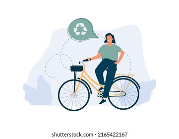 The Girl Rides A Bicycle. Active Lifestyle. Circular Economy Illustration. Sustainable Economic Growth With Renewable Energy And Natural Resources. Green Energy, Sustainable Industry And Manufacturing