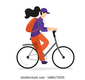 The girl rides a bicycle with a backpack and listens to music through headphones. Vector isolate on a white background in flat style.