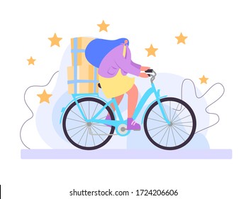 Girl rides bicycle with boxes behind her. Delivery concept design