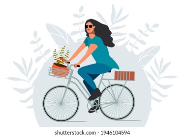 Girl rides a bicycle. Landscape, active lifestyle. Poster, placard, banner. Flower in a pot. Brunette. Walk in nature. Weekend. Stock vector illustration, isolated on white background. Eco transport