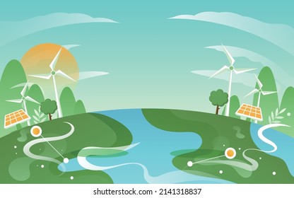 Girl rides a bicycle on the earth with windmills and solar power in the background, eco-friendly life, vector illustration