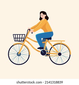 Girl rides a bicycle on the earth with windmills and solar power in the background, eco-friendly life, vector illustration