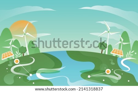 Girl rides a bicycle on the earth with windmills and solar power in the background, eco-friendly life, vector illustration