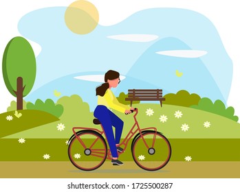 A girl rides a Bicycle. Girl on the nature in the Park. Concept of outdoor recreation. Cute flat illustration