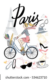 A girl rides a Bicycle. Paris. Vector hand drawn illustration with Eiffel tower. Fashion accessories.