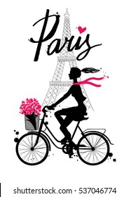 A girl rides a Bicycle. Paris. Vector hand drawn illustration with Eiffel tower. Fashion accessories. Silhouette cyclist.