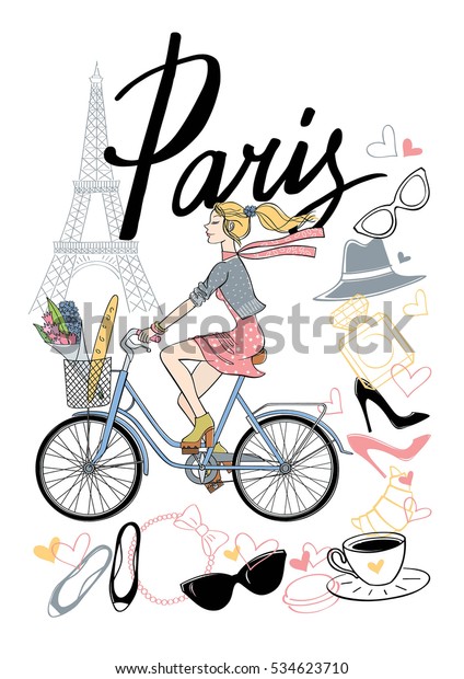 女の子が自転車に乗る パリ エッフェル塔とベクター手描きのイラスト