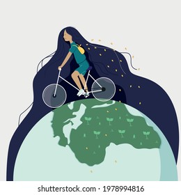 girl rides a bicycle and plants seeds. Caring for nature and ecology. Flat vector illustration.
