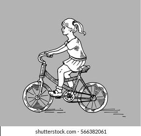 girl rides a bicycle ride, vector line drawing illustration 