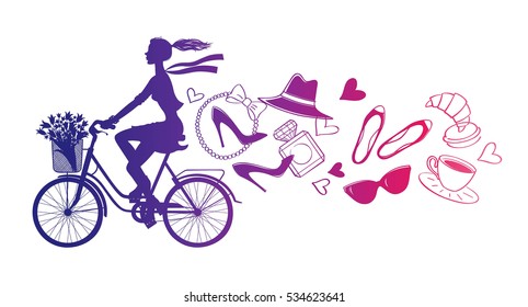 A girl rides a Bicycle. Silhouette cyclist. Paris. Vector hand drawn illustration. Fashion accessories. 