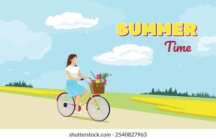 A girl rides a bicycle. Summer. Sun. Clouds. Holidays