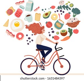 Girl rides a bicycle towards a healthy diet. Healthy lifestyle, diet, and weight loss banner with a dish of salad, table set, smartphone and diet plan on a notebook
