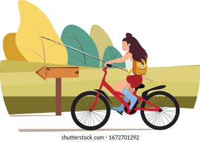 Girl rides a bicycle vector with a fishing rod