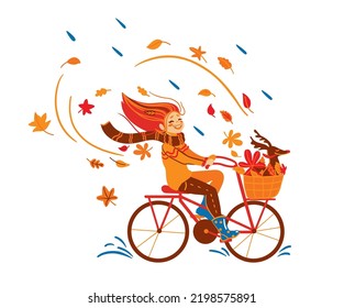 Girl rides a bike in the autumn park with her dog. Autumn mood.  Vector illustration.
