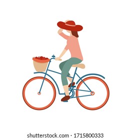 A girl rides a bike with a basket of apples. Bicycle lyfestyle design side view. Flat cartoon colorful vector illustration.