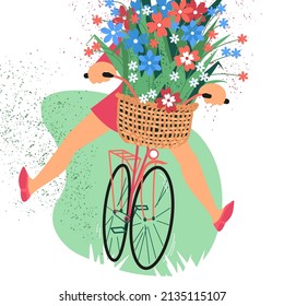 Girl rides bike and basket bouquet flowers  Happy Mother day! Card for  Valentine's Day  Birthday anniversary  Women's Day March 8  Sketch vector illustration 