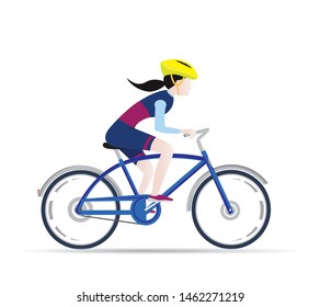 The Girl Rides A Bike. Cycling Illustration On A White Background Riding A Bicycle - Vector Illustration