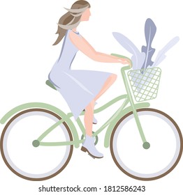 The girl rides a bike from the store. Girl on a bike ride. Vector illustration.