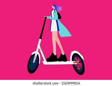 Girl rides an electric scooter. Electric scooter while driving and using. Ecological mode of transport.