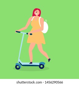 The girl rides an electronic transport scooter. Eco-friendly transport. Vector editable file eps 10