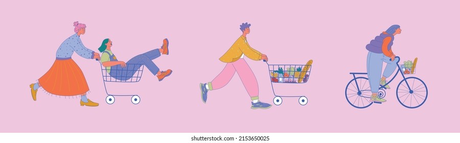 Una chica monta a su amigo en un carro de la compra. El tipo con el carrito de compras. Chica en una bicicleta con una canasta de comestibles. Comprando comida. Compras. Compradores y consumidores. Ilustración plana del vector