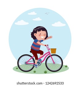 A girl rides her pink bicycle. Stock of children's vector illustrations.