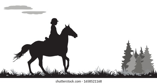 girl rides horse in field, on grass, isolated image, black isolated silhouette on white background, forest, clouds.