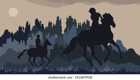 girl rides horse in field, on grass, isolated image, black isolated silhouette on orange background, forest, clouds.	
