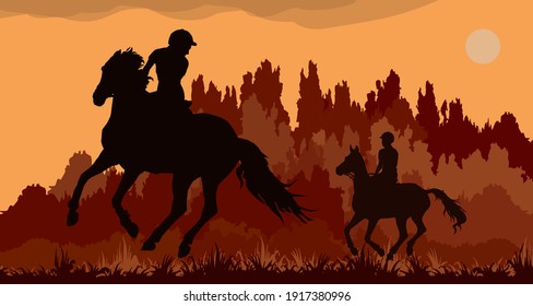 girl rides horse in field, on grass, isolated image, black isolated silhouette on orange background, forest, clouds.	
