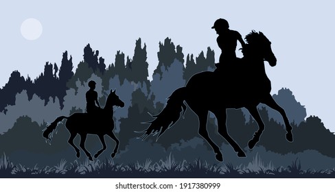 girl rides horse in field, on grass, isolated image, black isolated silhouette on orange background, forest, clouds.	

