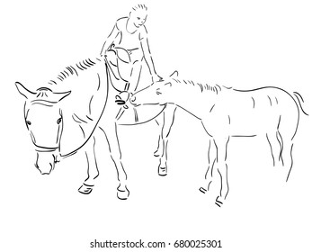 A girl rides a mare with a foal