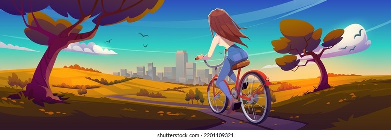 Girl rides on bike on road to city. Autumn landscape with fields, trees with orange leaves, girl on bicycle on path and town buildings on horizon, vector cartoon illustration