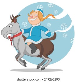  Girl rides on a goat. Vector illustration.