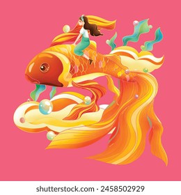 Girl rides on koi fish with colorful bubbles