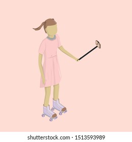 The girl rides on roller skates and shoots herself on the phone. Selfie makes using a stick. Future blogger. Isometric style. Vector illustration.